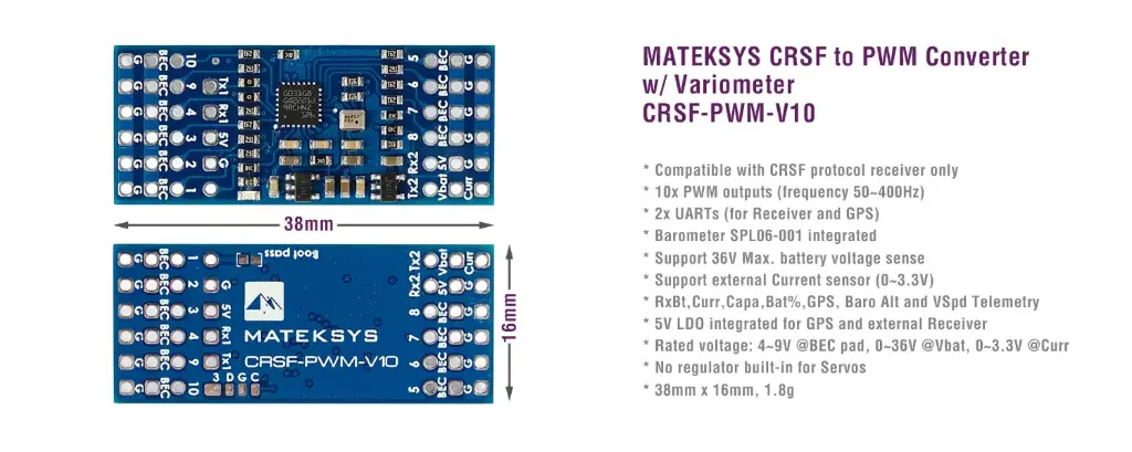 [MATEKSYS-CRSF-PWM-V10-8807] MATEKSYS CRSF-PWM Converter with Variometer, CRSF-PWM- V10